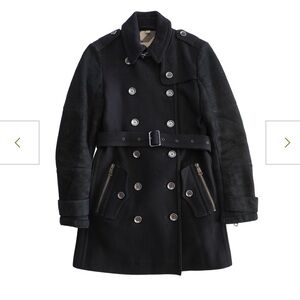 BURBERRY BRIT wool shearling belted black moto peacoat leather zipper  4 xs/s